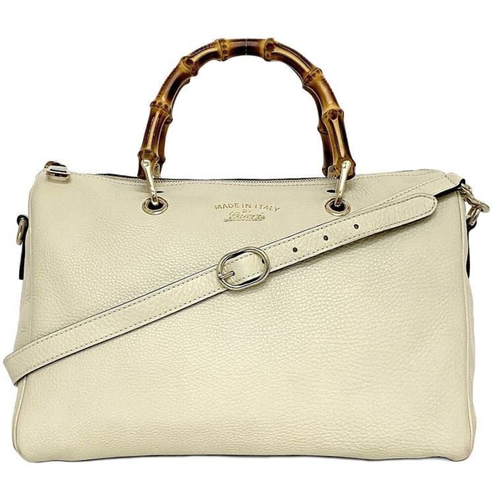 Gucci Boston Bag White Bamboo Handbag Shoulder Leather Zipper Business